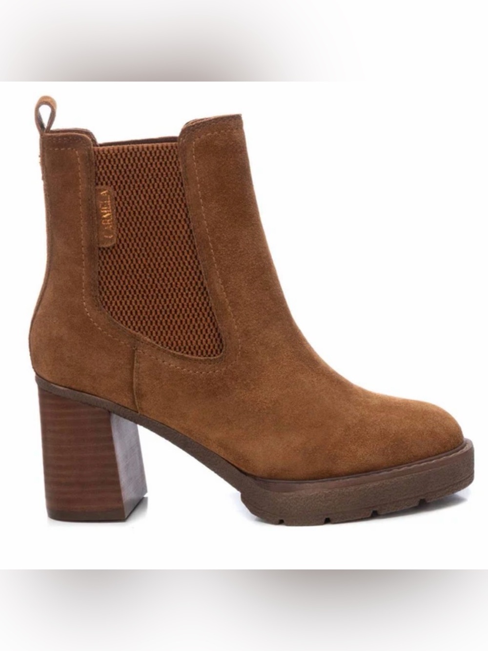 Carmela suede chunky block heel thick platform brown Chelsea boots booties 37